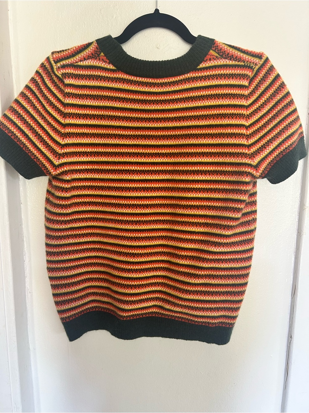 Cider Striped Short-Sleeve Knit Sweater in Green, Red & Yellow - Picture 2 of 4